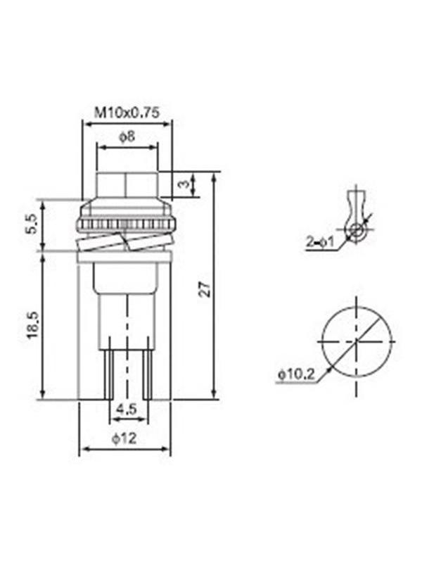 Выключатель-кнопка, 250 В, 2 А, ON-OFF, 2с, d=10,2 мм, без фиксации, металл, красная