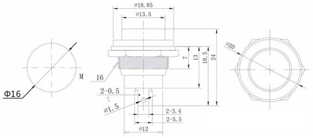 Выключатель-кнопка, 250 В, 2 А, ON-OFF, 2с, d=16,2 мм, без фиксации, металл, черная