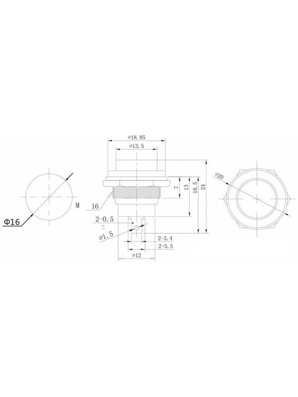 Выключатель-кнопка, 250 В, 2 А, ON-OFF, 2с, d=16,2 мм, без фиксации, металл, черная