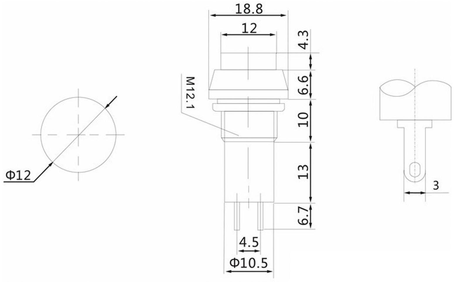 Выключатель-кнопка, 250 В, 1 А, ON-OFF, 2с, d=12 мм, без фиксации, красная
