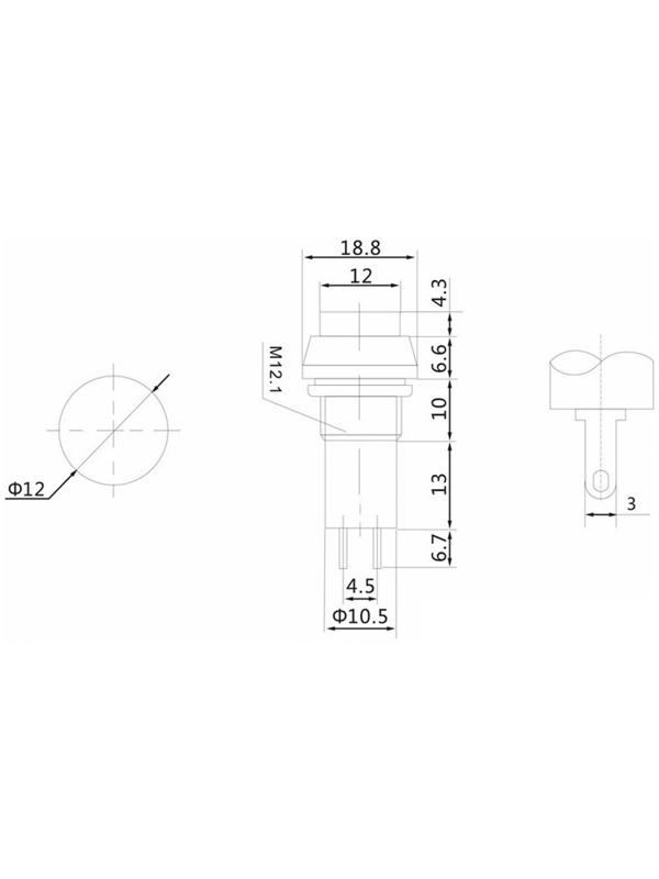 Выключатель-кнопка, 250 В, 1 А, ON-OFF, 2с, d=12 мм, без фиксации, красная