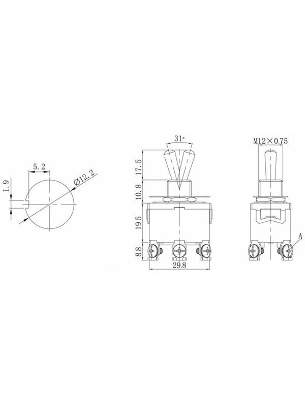 Тумблер, 250 В, 15 А, ON-OFF-ON, 6c