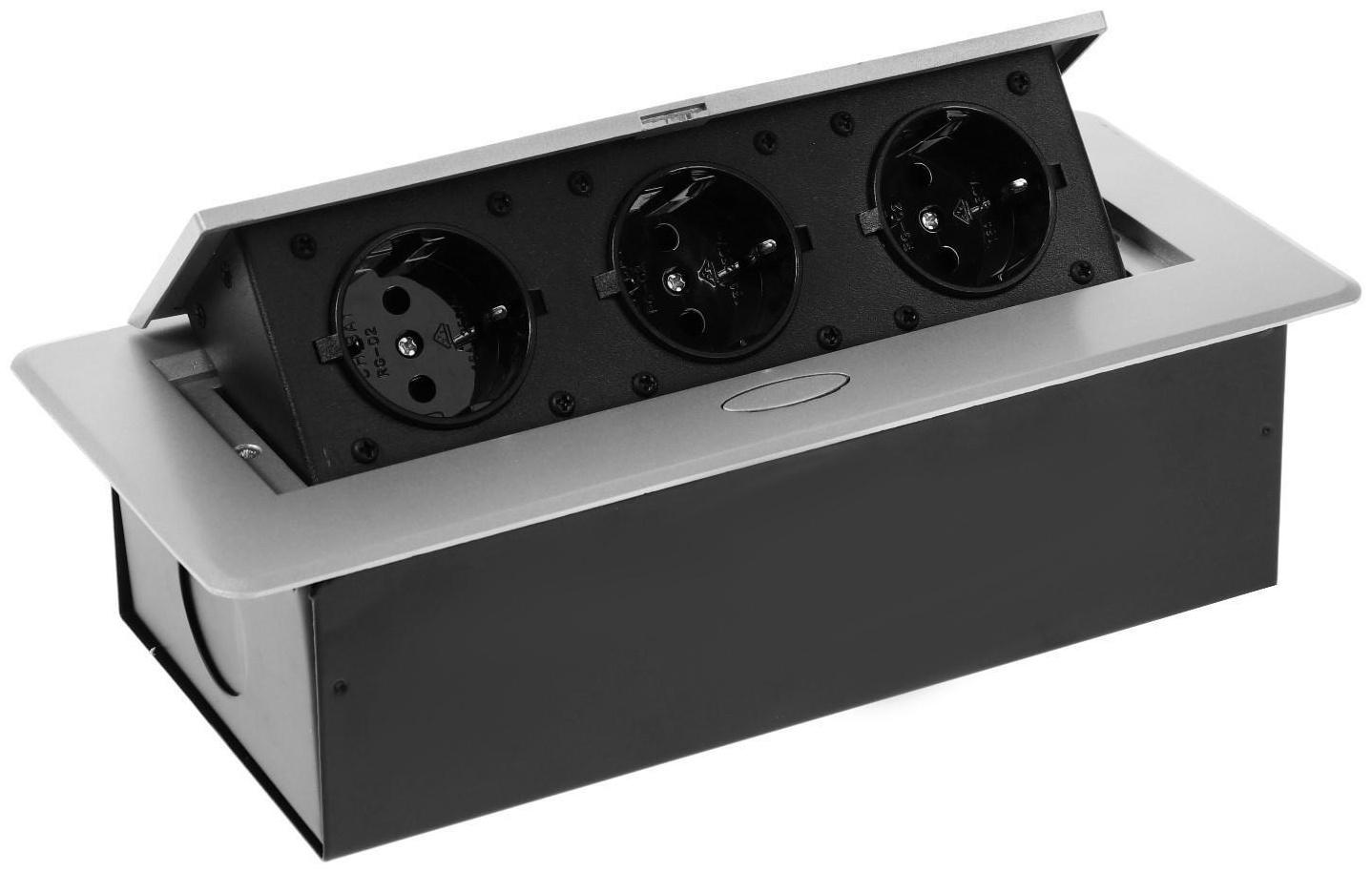 Розетка выдвижная, Luazon, 16 А, трехместная, в стол, провод 1.8 м, цвет серебро