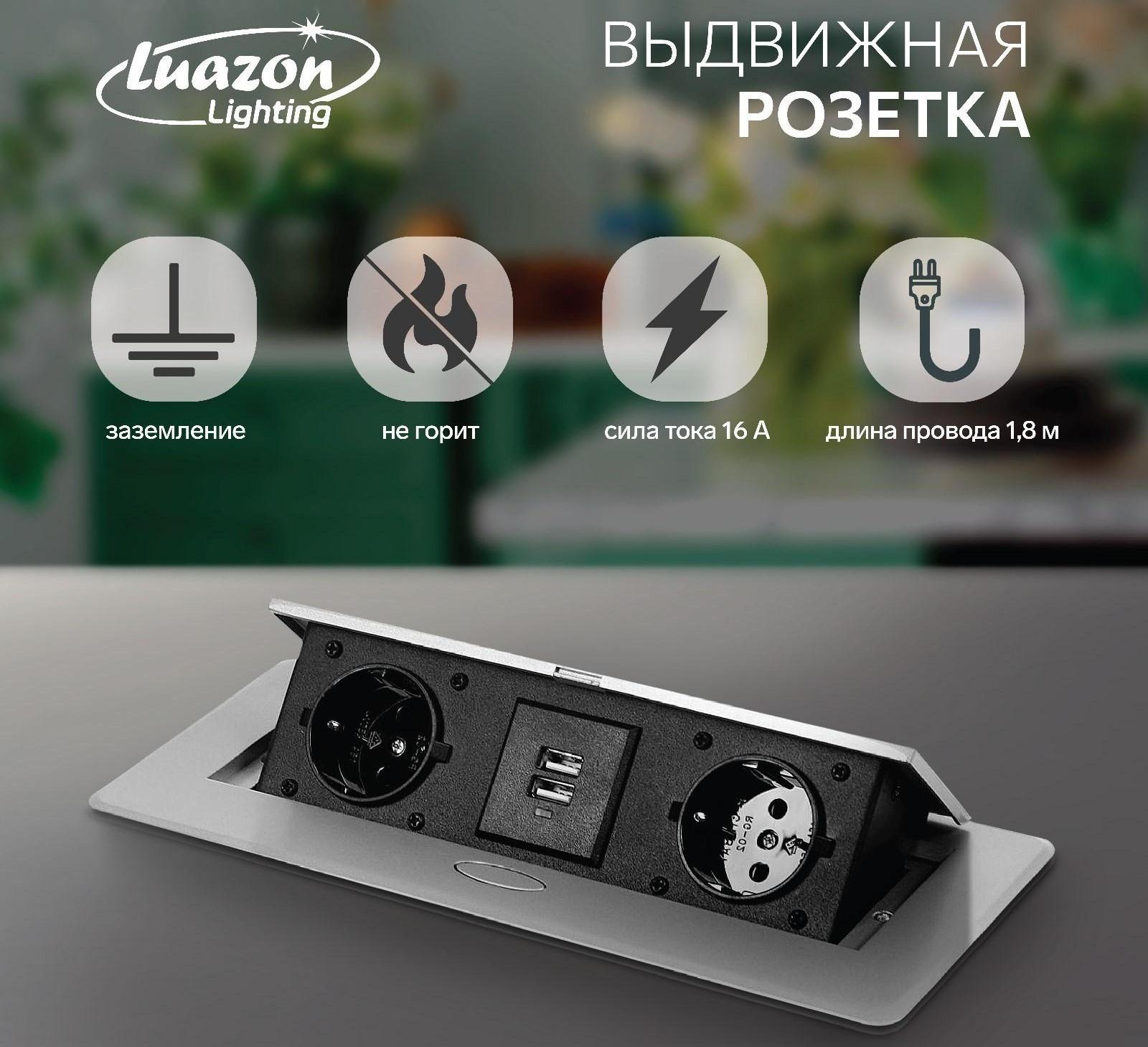 Розетка выдвижная Luazon Lighting, в стол, двухместная, 16 А, 2xUSB, 2.1 A, цвет серебро