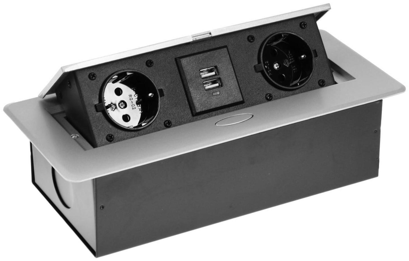 Розетка выдвижная Luazon Lighting, в стол, двухместная, 16 А, 2xUSB, 2.1 A, цвет серебро