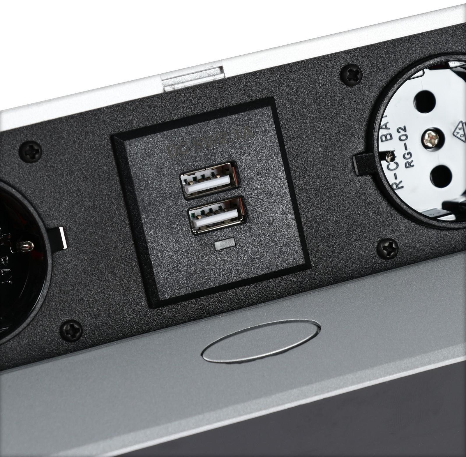 Розетка выдвижная Luazon Lighting, в стол, двухместная, 16 А, 2xUSB, 2.1 A, цвет серебро