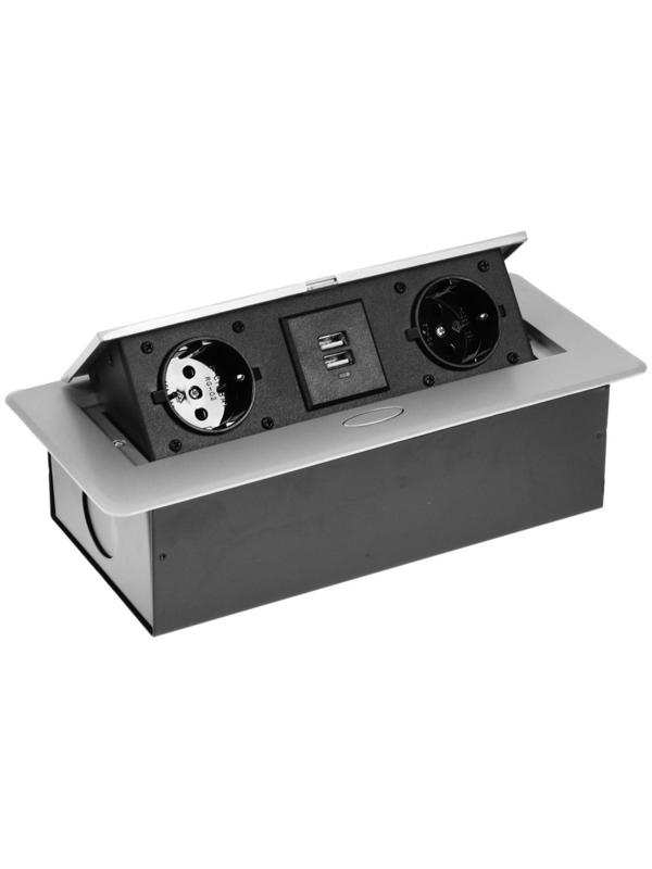 Розетка выдвижная Luazon Lighting, в стол, двухместная, 16 А, 2xUSB, 2.1 A, цвет серебро