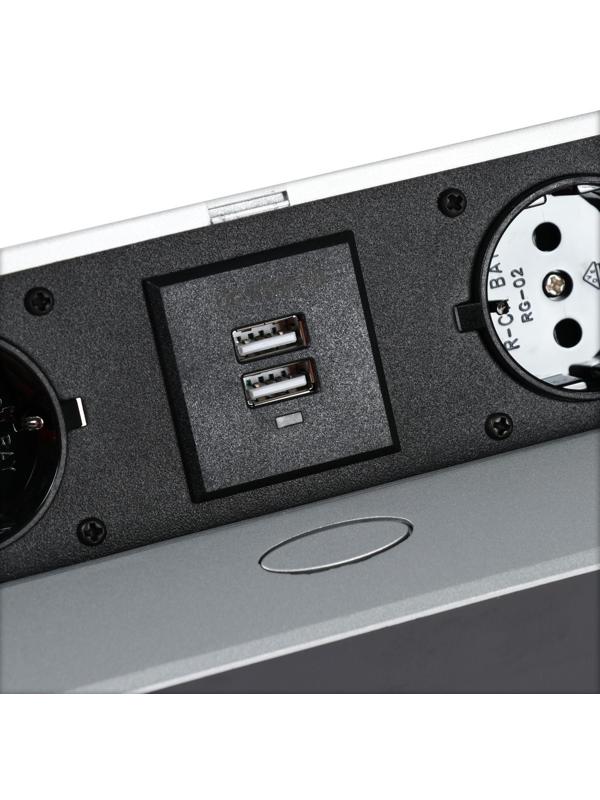 Розетка выдвижная Luazon Lighting, в стол, двухместная, 16 А, 2xUSB, 2.1 A, цвет серебро