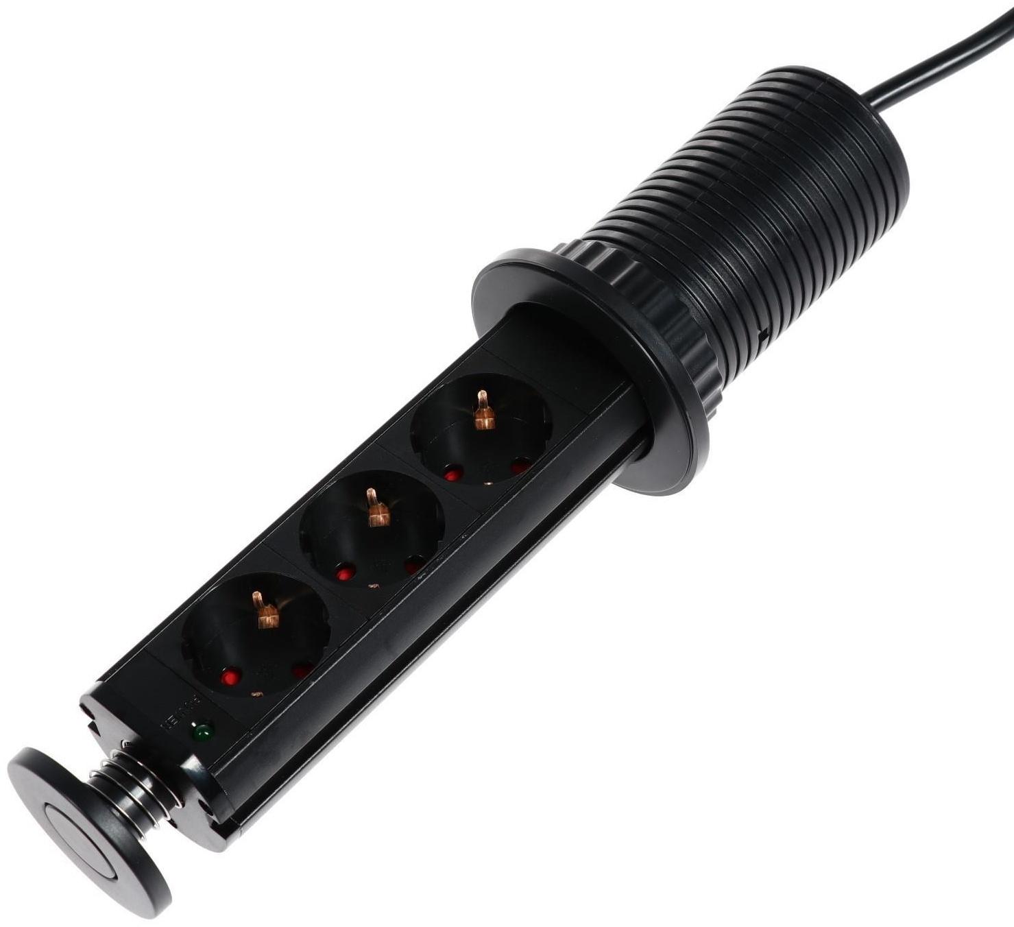 Розетка выдвижная, Luazon, 16 А, трёхместная, в стол, провод 1.8 м, черная