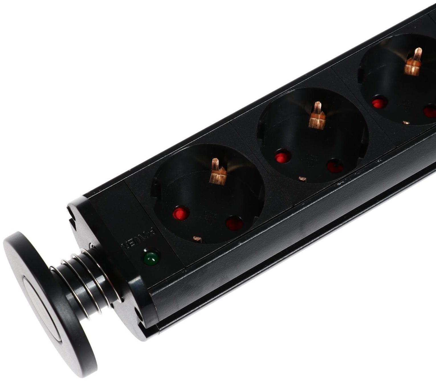 Розетка выдвижная, Luazon, 16 А, трёхместная, в стол, провод 1.8 м, черная