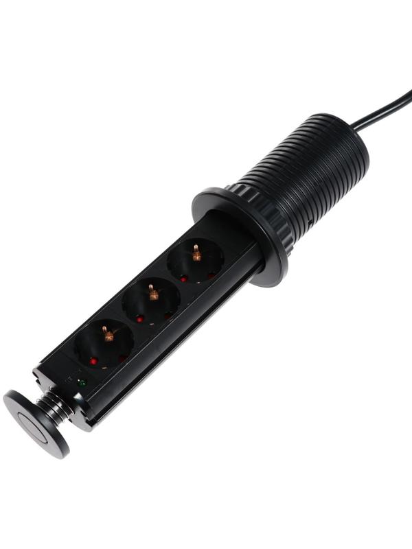 Розетка выдвижная, Luazon, 16 А, трёхместная, в стол, провод 1.8 м, черная