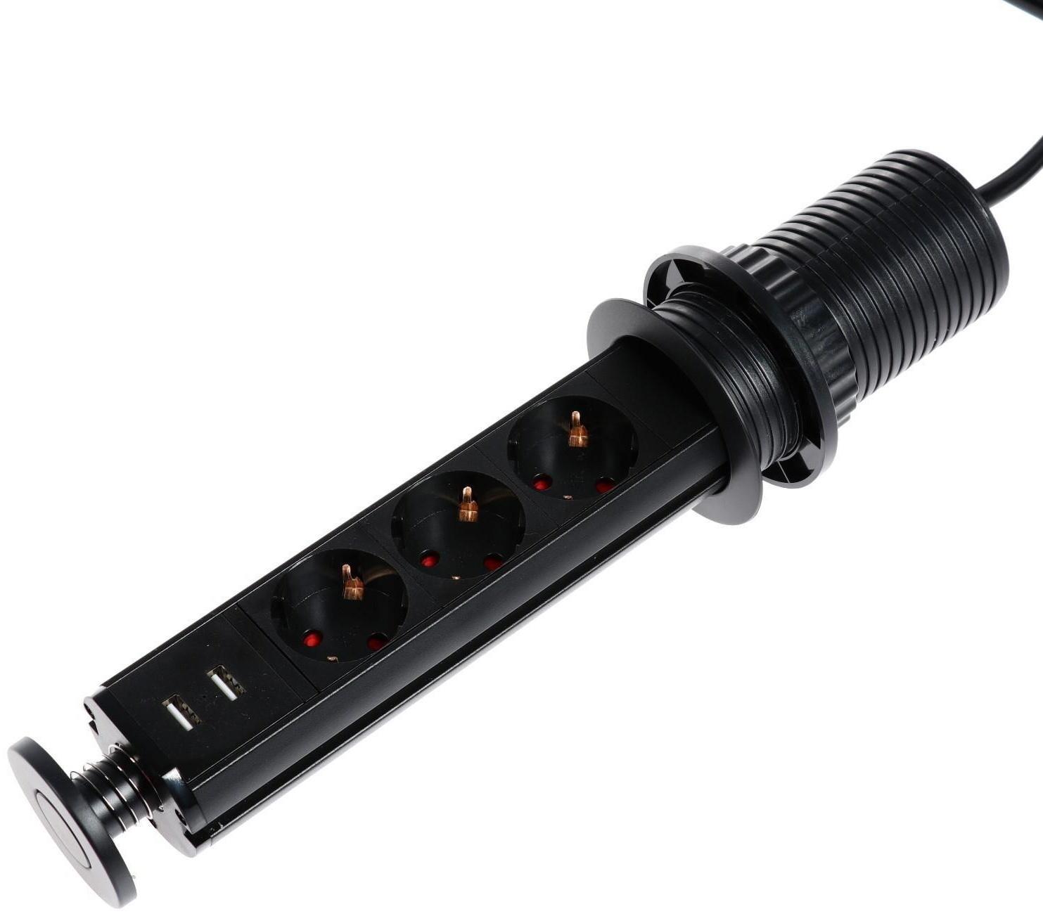 Розетка выдвижная, Luazon, 16 А, трёхместная, в стол, 2xUSB, 2.1 A, черная