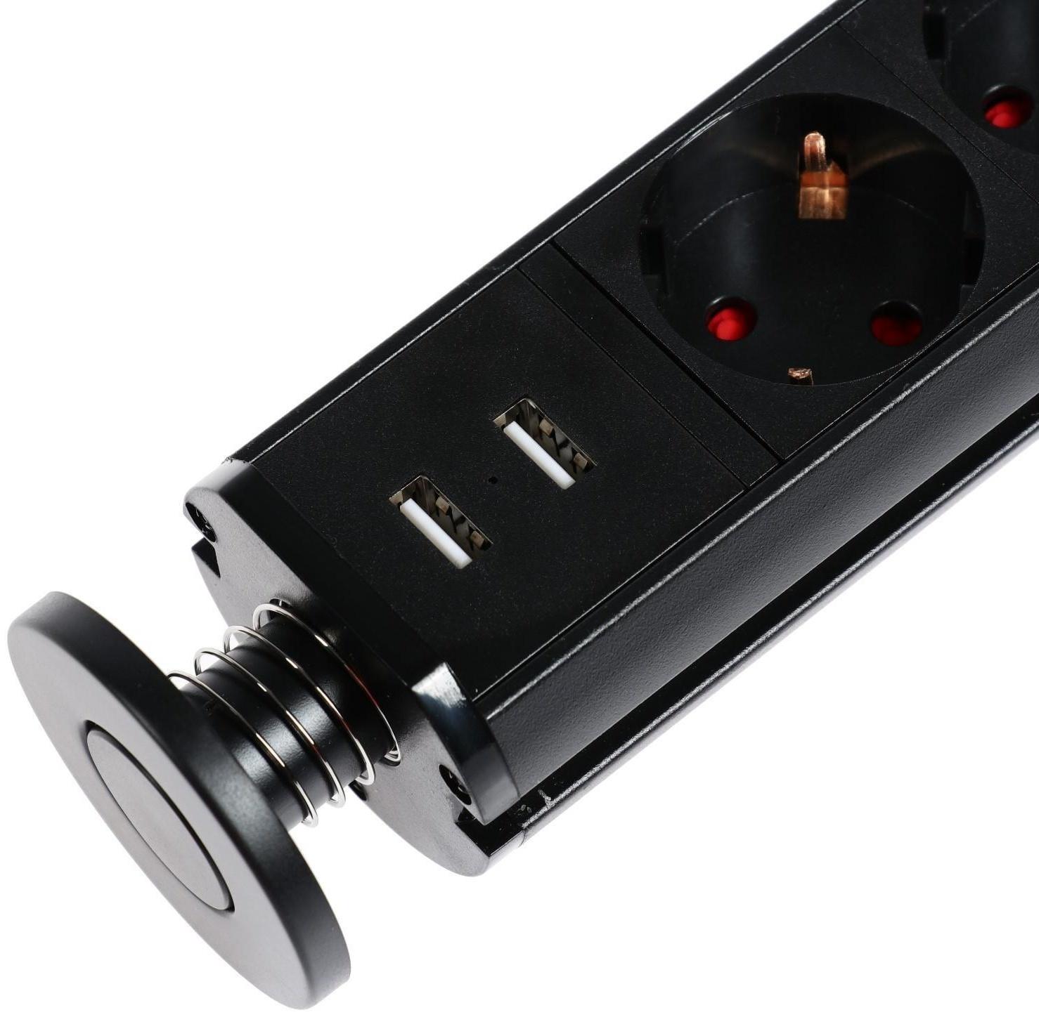 Розетка выдвижная, Luazon, 16 А, трёхместная, в стол, 2xUSB, 2.1 A, черная