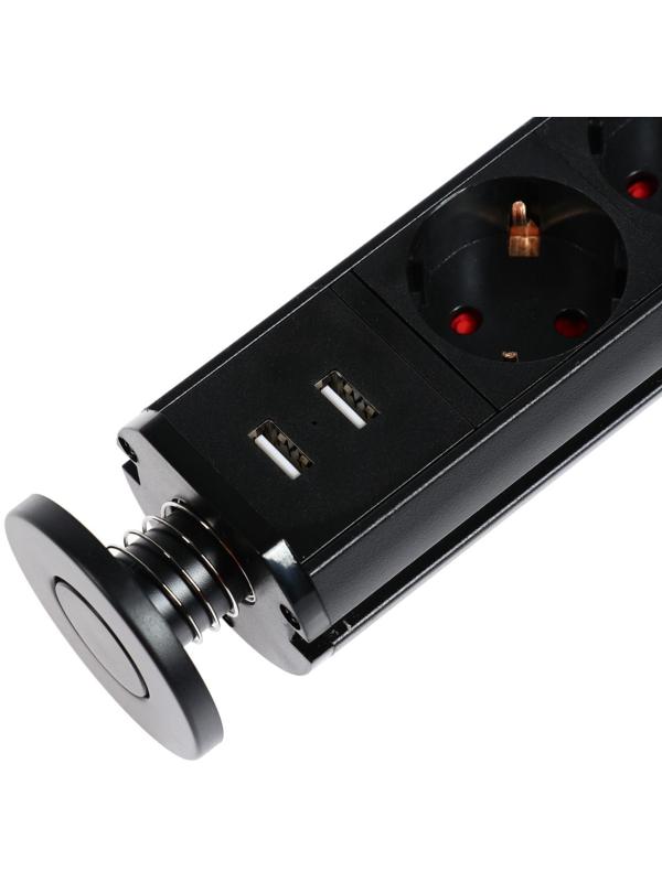 Розетка выдвижная, Luazon, 16 А, трёхместная, в стол, 2xUSB, 2.1 A, черная