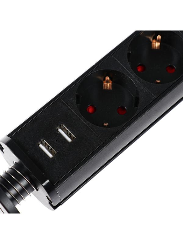 Розетка выдвижная, Luazon, 16 А, четырёхместная, в стол, 2xUSB, 2.1 A, черная