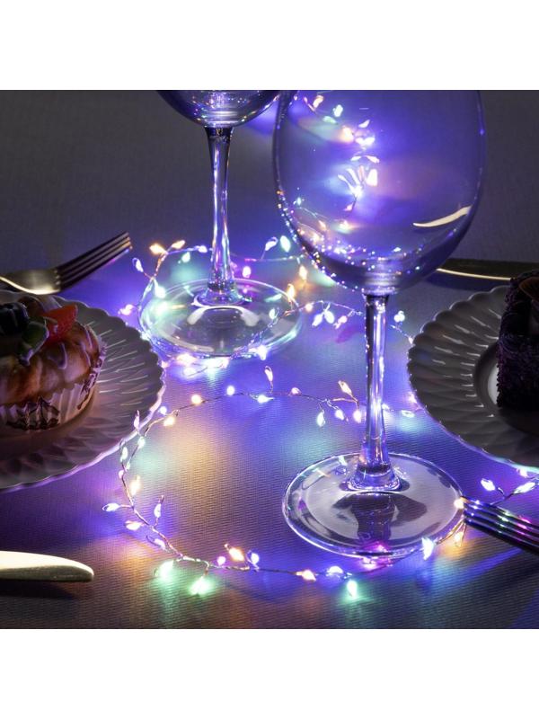 Гирлянда «Мишура» 1 м роса, IP20, серебристая нить, 100 LED, свечение мульти, 2 режима, AAх3