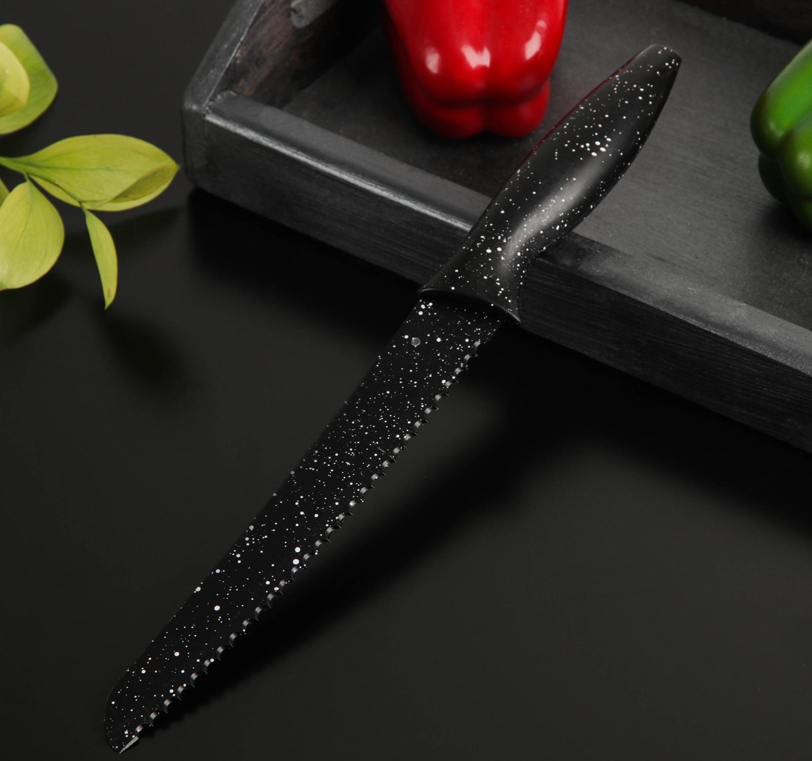 Нож с антиналипающим покрытием Доляна «Зефир», хлебный, лезвие 20 см, цвет чёрный