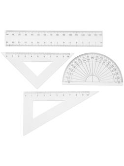 Набор чертежный 4 предмета (линейка 15 см, треугольник11 см/ 30*и 5 см/ 45*, транспортир) прозрачный