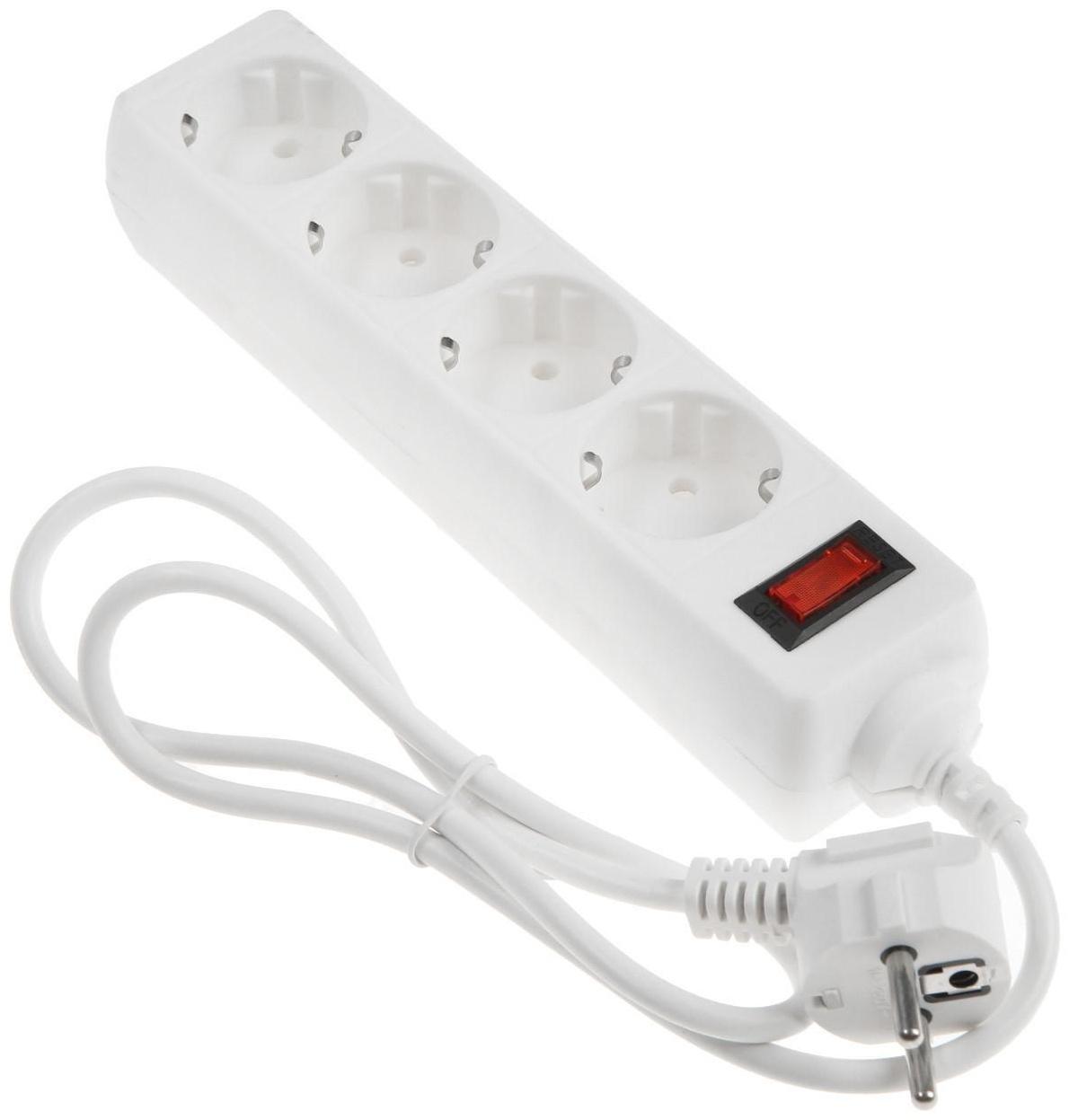 Сетевой фильтр Luazon Lighting, 4 розетки, 1.0 м, 2200 Вт, 3 х 0.75 мм2, 10 A, 220 В, белый