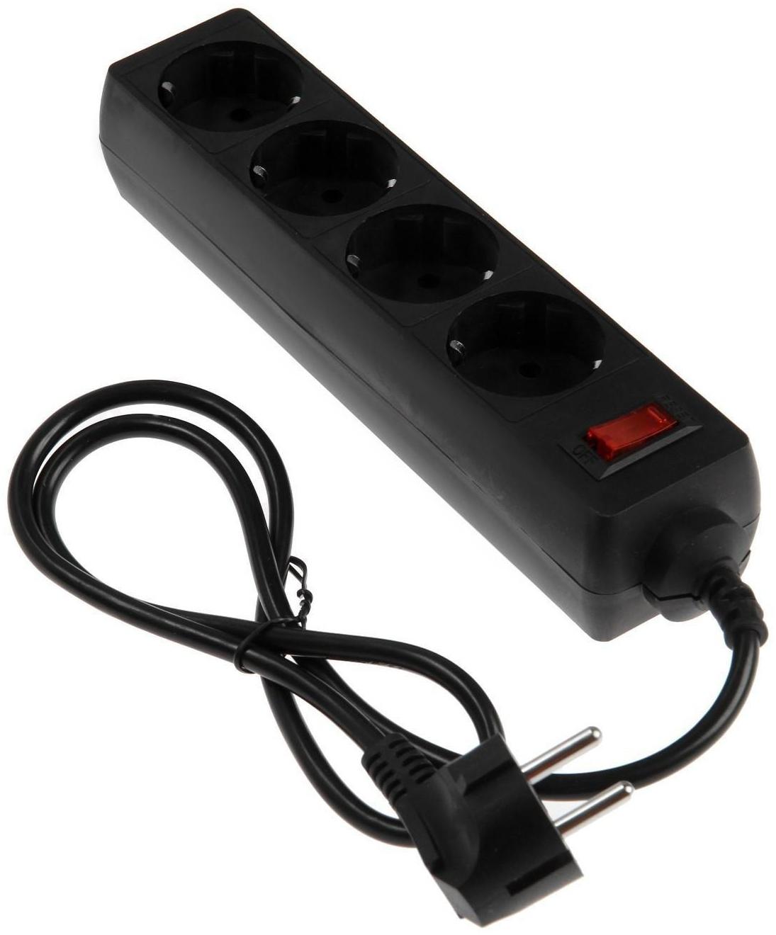 Сетевой фильтр Luazon Lighting, 4 розетки, 1.0 м, 2200 Вт, 3 х 0.75 мм2, 10 A, 220 В, черный