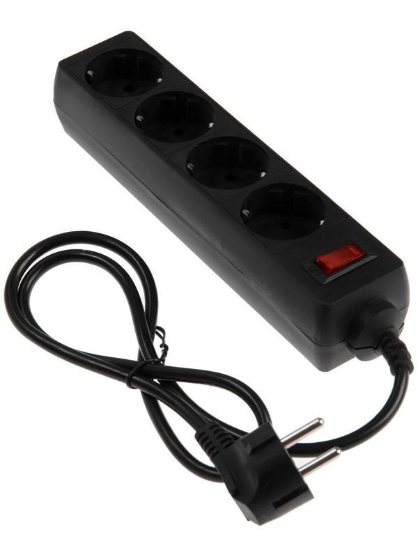Сетевой фильтр Luazon Lighting, 4 розетки, 1.0 м, 2200 Вт, 3 х 0.75 мм2, 10 A, 220 В, черный