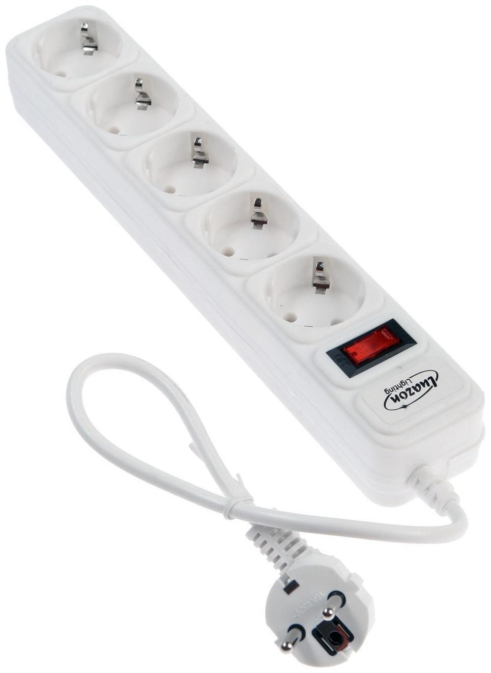 Сетевой фильтр Luazon Lighting, 5 розеток, 0.5 м, 2200 Вт, 3 х 0.75 мм2, 10 A, 220 В, белый