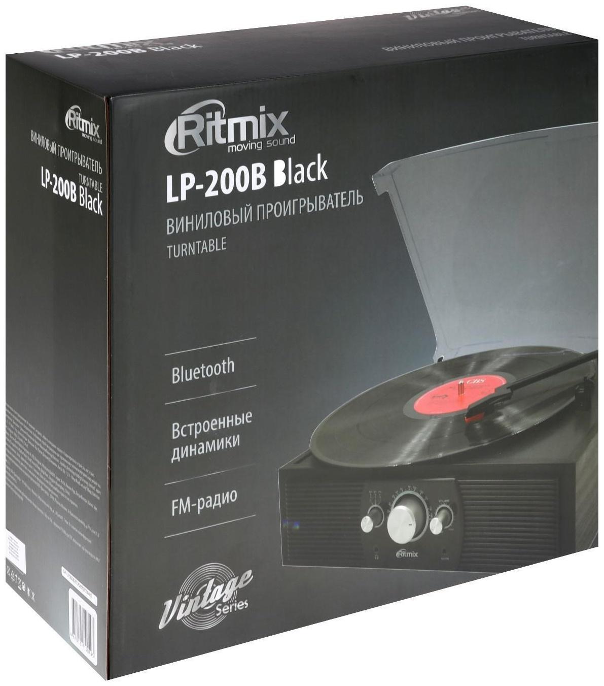 Проигрыватель виниловых дисков Ritmix LP-200B, 10 Вт, 3 скорости, BT, AUX, FM, RCA, черный