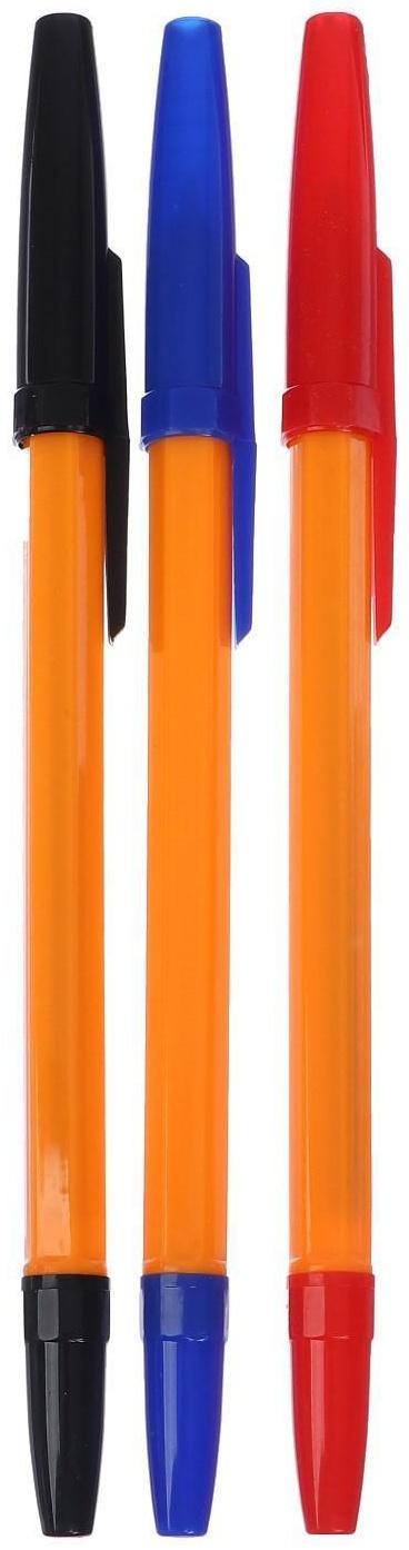 Набор ручек шариковых 3 цвета, стержень 0,7 мм, синий, красный, чёрный, корпус оранжевый