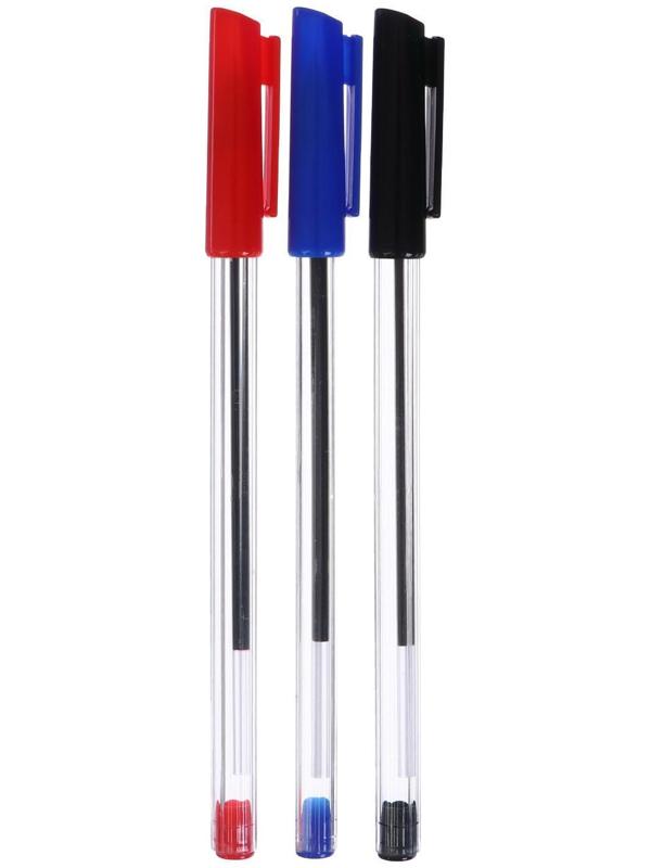 Набор ручек шариковых 3 цвета, стержень 1,0 мм, синий, красный, чёрный, корпус прозрачный