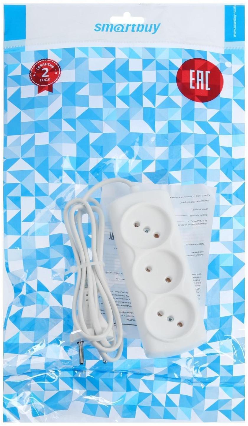 Удлинитель Smartbuy, 3 розетки, 1.5 м, 6 А, 1300 Вт, ШВВП 2х0.75 мм2, без з/к, белый