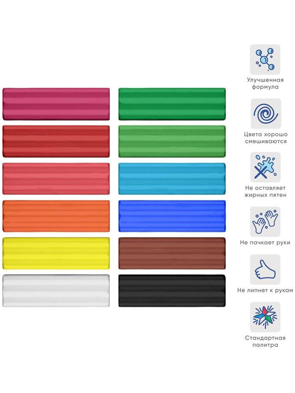 Пластилин мягкий (восковой), 12 цветов, 156 г, ErichKrause, картон, со стеком