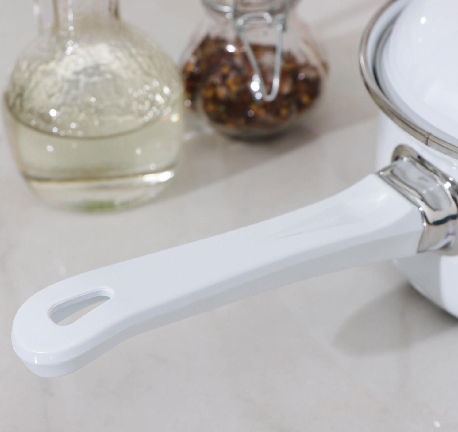 Ковш цилиндрический, 1 л, без деколи, пластиковая ручка, эмалированная крышка, индукция, цвет белый