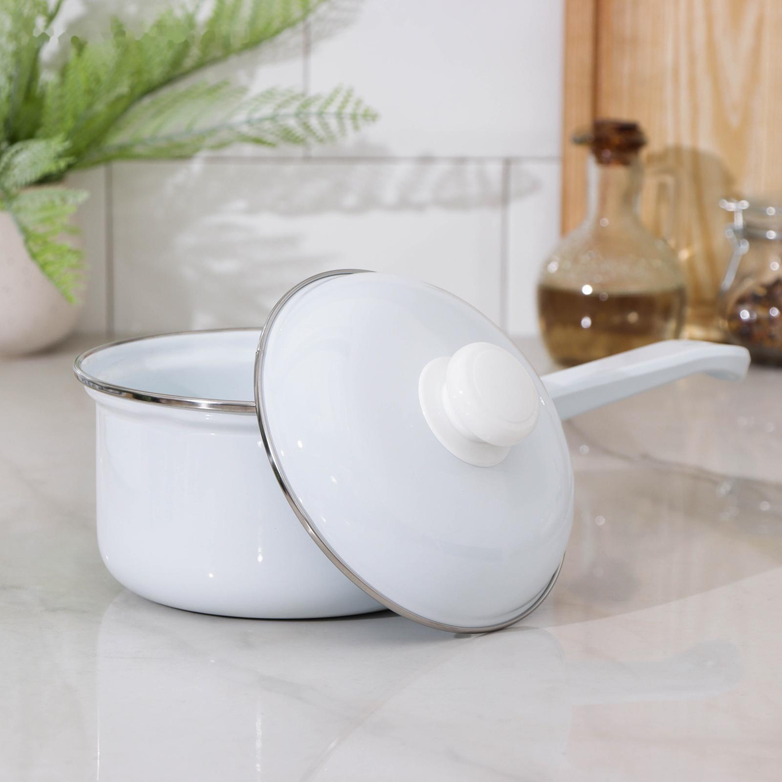 Ковш цилиндрический, 1 л, без деколи, пластиковая ручка, эмалированная крышка, индукция, цвет белый