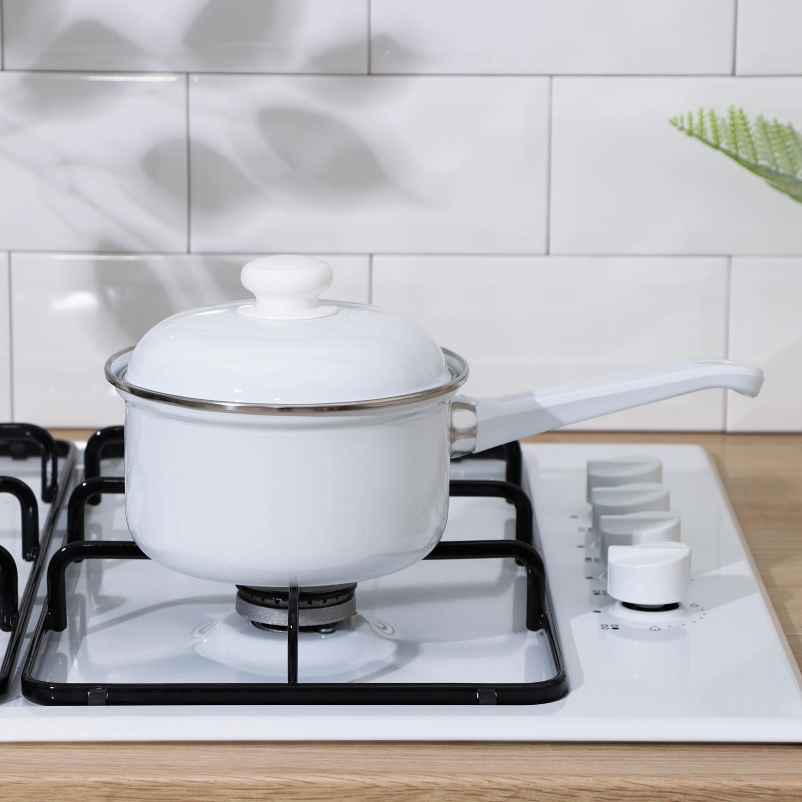 Ковш цилиндрический, 1 л, без деколи, пластиковая ручка, эмалированная крышка, индукция, цвет белый