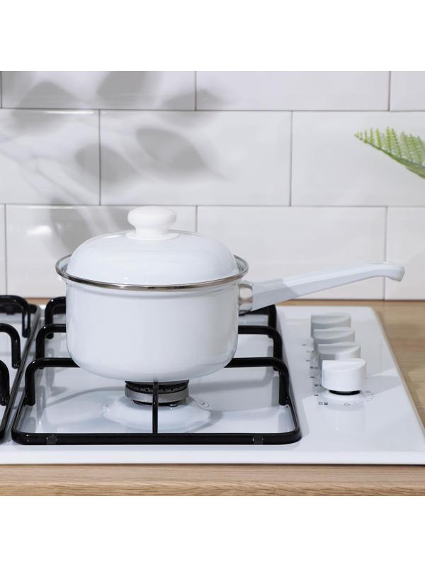 Ковш цилиндрический, 1 л, без деколи, пластиковая ручка, эмалированная крышка, индукция, цвет белый