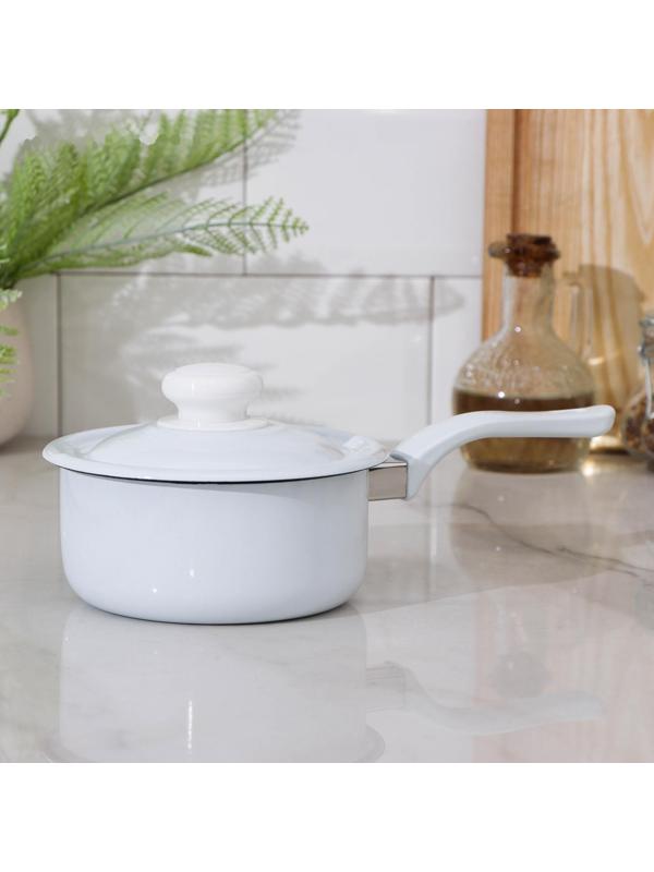 Ковш цилиндрический, 600 мл, эмалированная крышка, без деколи, пластиковая ручка, индукция, цвет белый