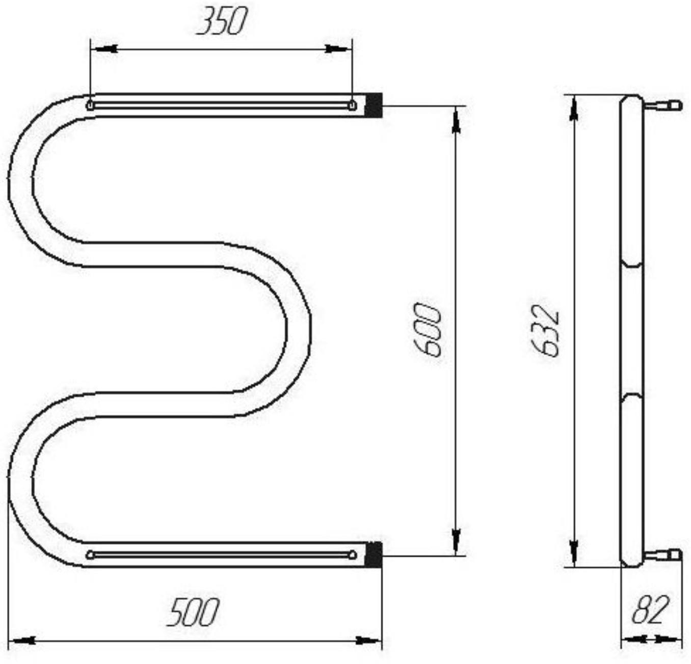 Полотенцесушитель водяной ТЕРА, М-образный, 500х600 мм, с полкой, D=32 мм, наруж. резьба 1