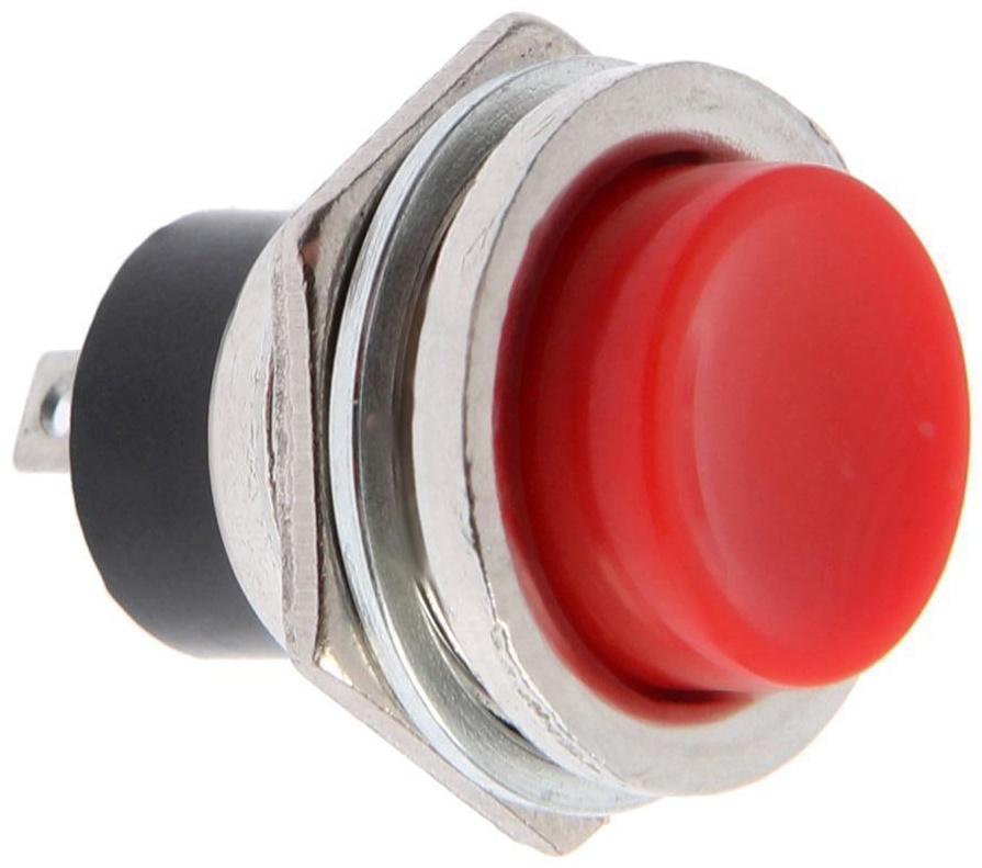 Выключатель-кнопка, 250 В, 2 А, ON-OFF, 2с, d=16,2 мм, без фиксации, металл, красная