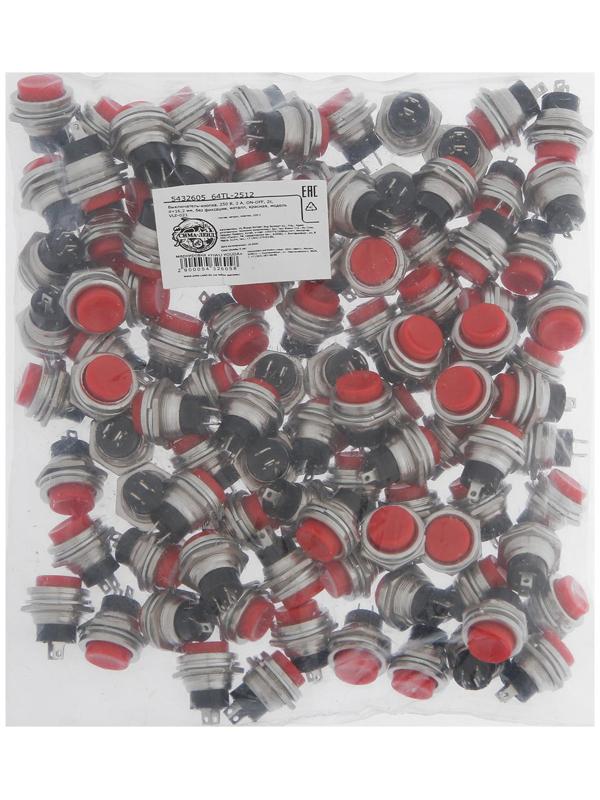 Выключатель-кнопка, 250 В, 2 А, ON-OFF, 2с, d=16,2 мм, без фиксации, металл, красная