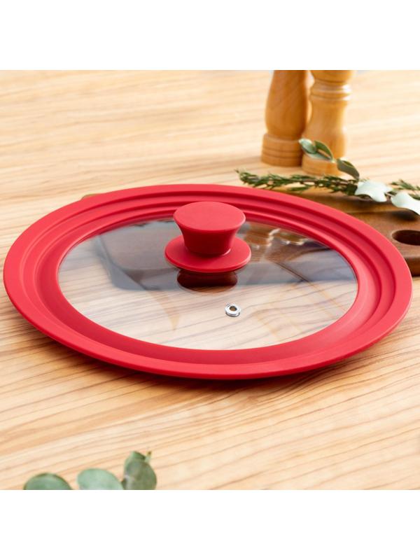 Крышка для сковороды и кастрюли Доляна стеклянная, универсальная с силиконовым ободком и ручкой, d=22/24/26 см, цвет красный