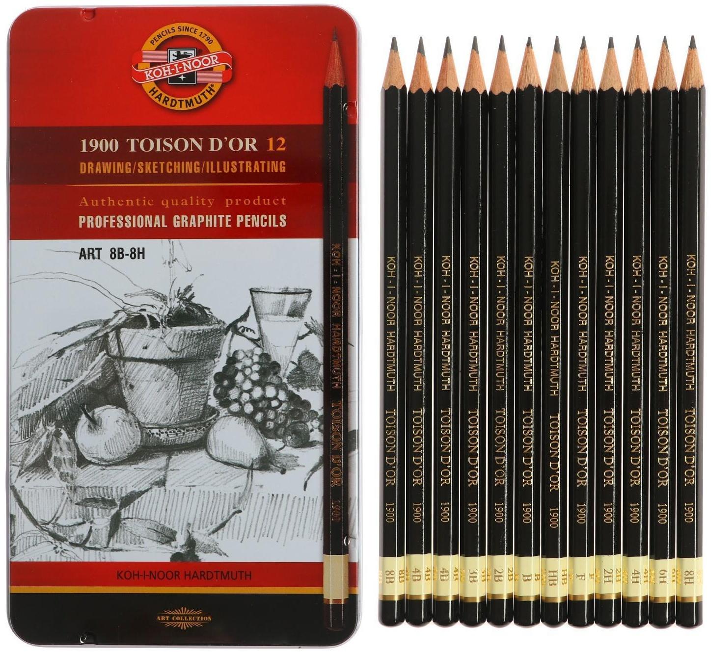 Набор карандашей чернографитных разной твердости 12 штук Koh-I-Noor TOISON D`OR 1902 ART 8B-8H, металлический пенал
