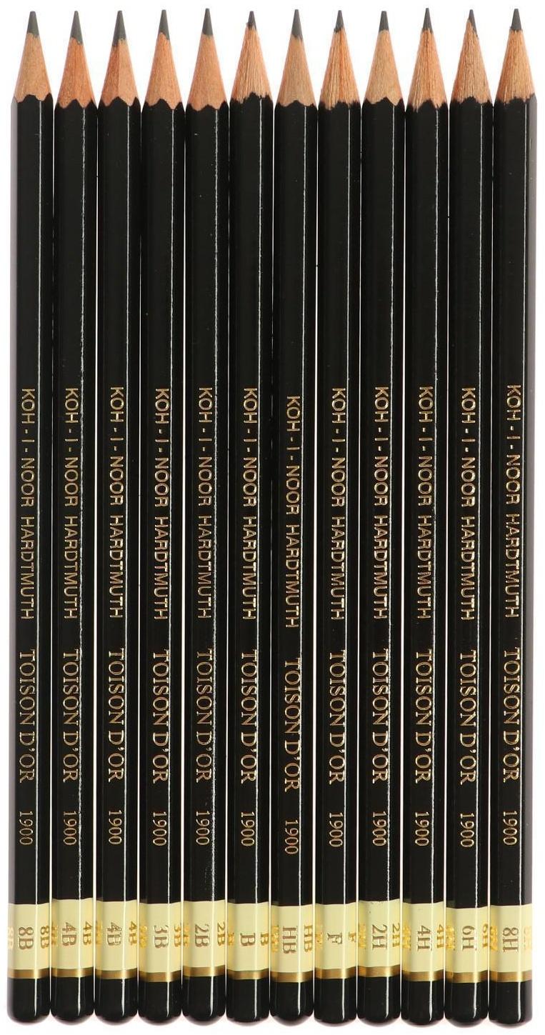 Набор карандашей чернографитных разной твердости 12 штук Koh-I-Noor TOISON D`OR 1902 ART 8B-8H, металлический пенал