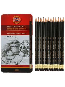 Набор карандашей чернографитных разной твердости 12 штук Koh-I-Noor TOISON D`OR 1902 ART 8B-8H, металлический пенал