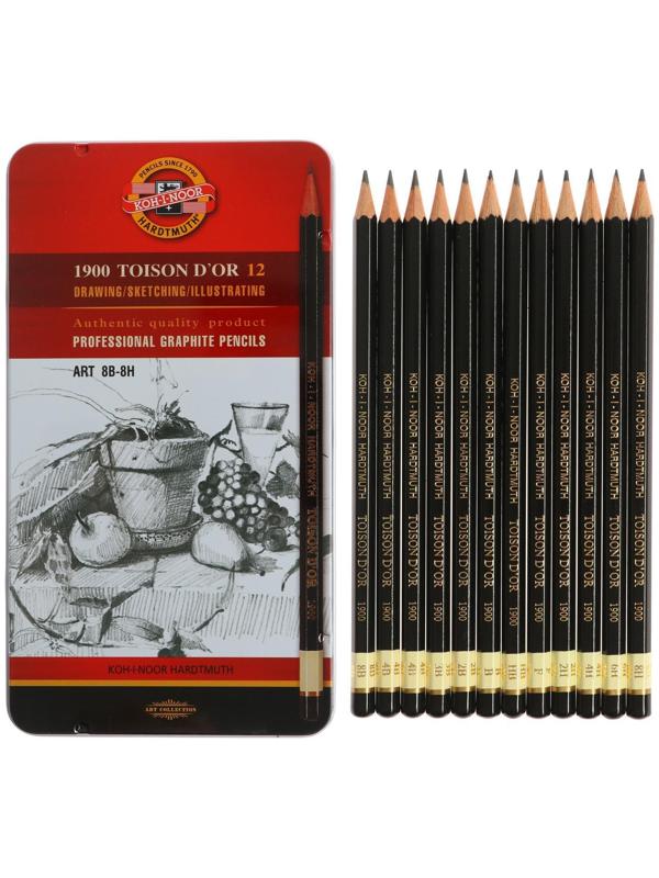 Набор карандашей чернографитных разной твердости 12 штук Koh-I-Noor TOISON D`OR 1902 ART 8B-8H, металлический пенал