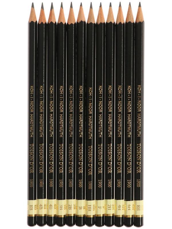 Набор карандашей чернографитных разной твердости 12 штук Koh-I-Noor TOISON D`OR 1902 ART 8B-8H, металлический пенал