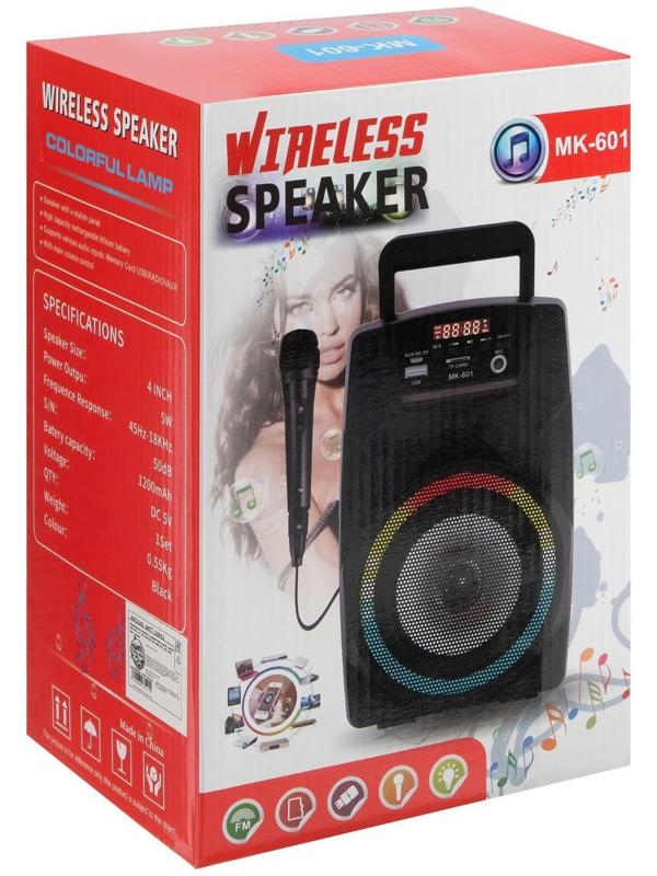 Портативная колонка LAB-08 MK-601, 5Вт, 600 мАч, TF, FM, AUX, USB, MIC, с подсветкой,черная