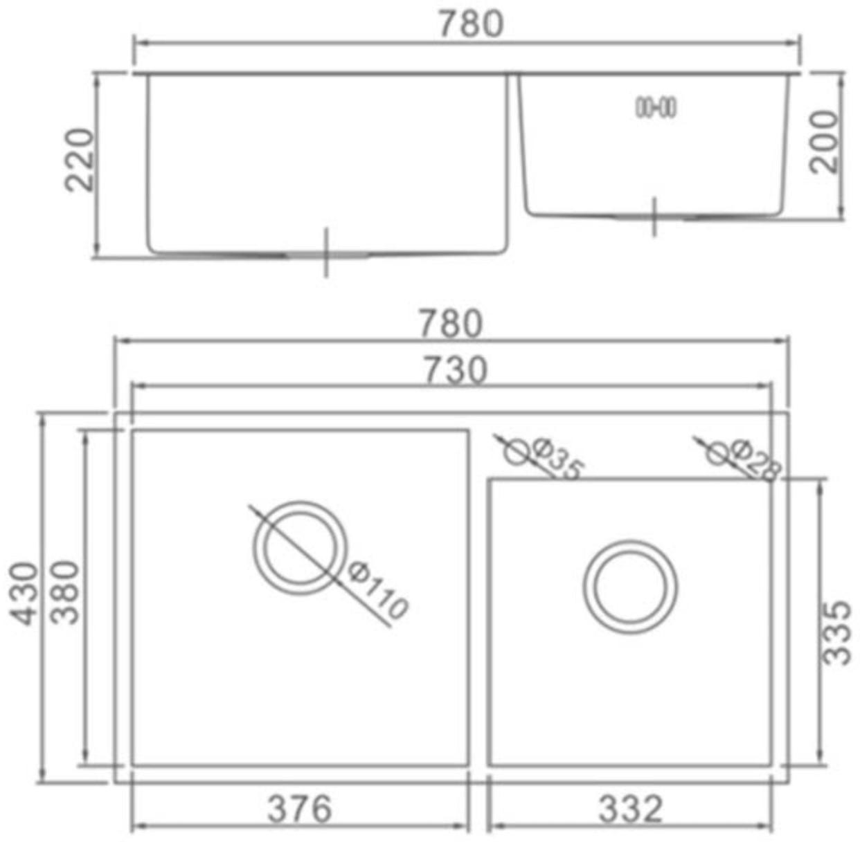 Мойка кухонная AFLORN AF97843-D, врезная, двойная, S=3,0 и 0,8 мм, 78х43х22 см, сифон, сатин