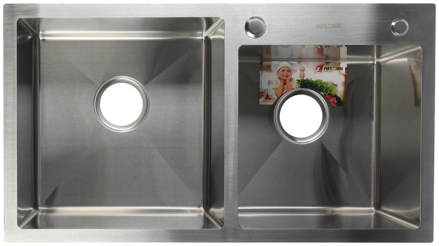 Мойка кухонная AFLORN AF97843-D, врезная, двойная, S=3,0 и 0,8 мм, 78х43х22 см, сифон, сатин