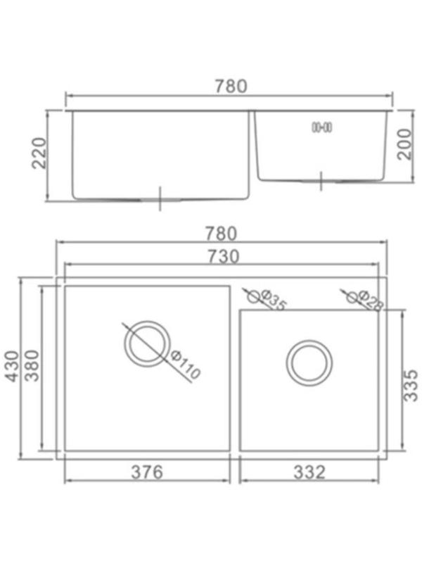 Мойка кухонная AFLORN AF97843-D, врезная, двойная, S=3,0 и 0,8 мм, 78х43х22 см, сифон, сатин