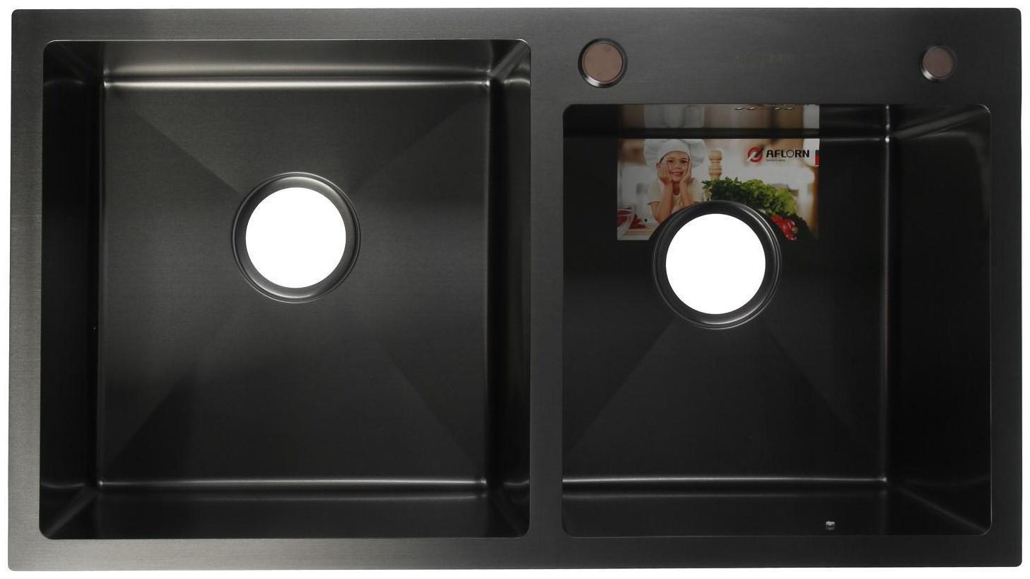 Мойка кухонная AFLORN AF97843B-D, врезная, двойная, S=3,0 и 0,8мм, 78х43х22см, сифон, графит